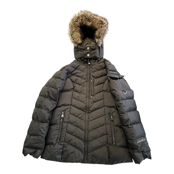 Eddie Bauer Down Puffer Coat Jacket Fuax Fur Trimmed Hood Size XS - Picture 1 of 7